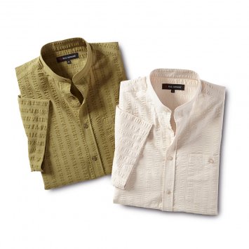 Seersucker overhemd met opstaande kraag - Set van 2
