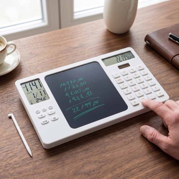 Elektronisch schrijfbord met rekenmachine en klok