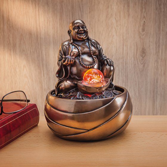 Verbronsde Boeddha-fontein met led-licht 