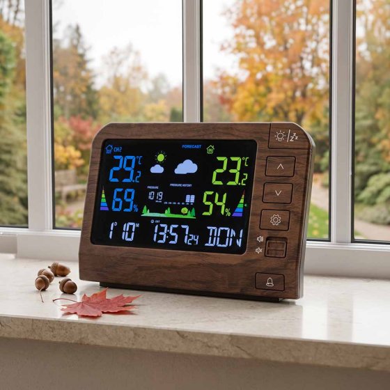 Op afstand bedienbaar tafelmodel weerstation in houtlook 