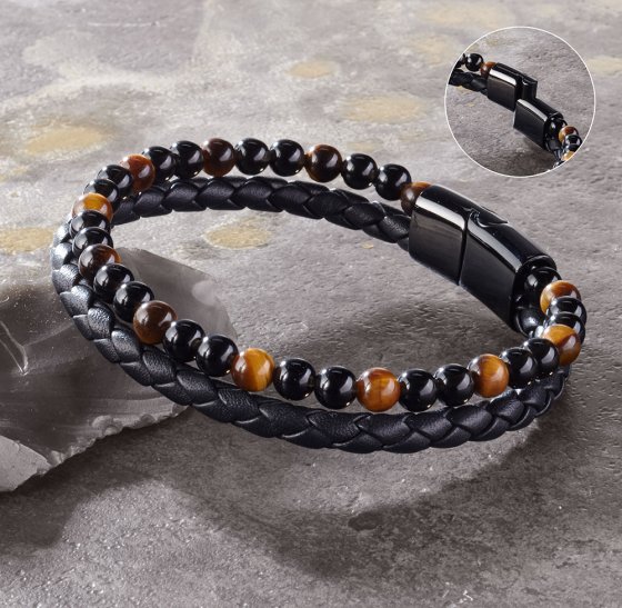 Leren herenarmband met edelstenen 