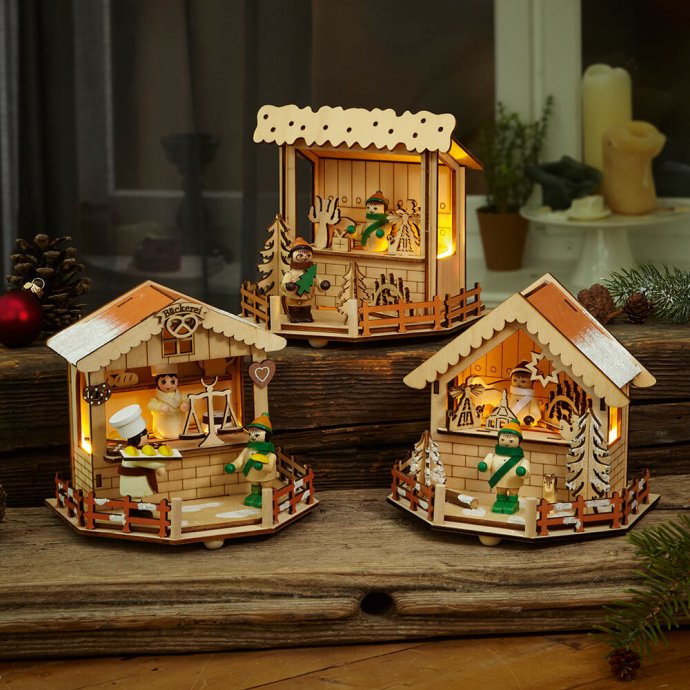 Markthuisjes met lampjes 3 stuks