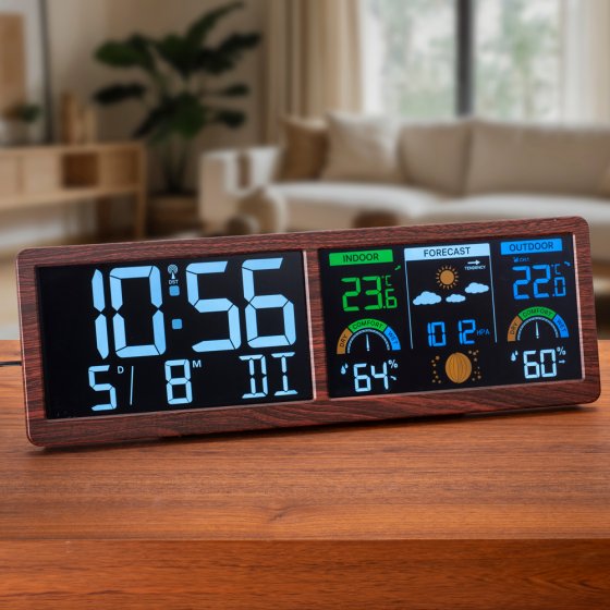 Digitale weerstation met radio-gestuurde klok "Hout" 