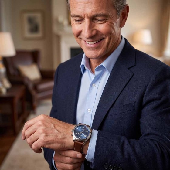 Zonne-energiehorloge met radiografische tijdsaanduiding en leren band 