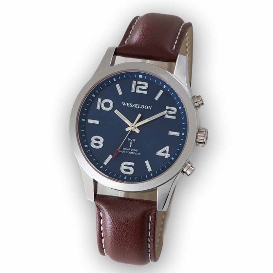 Zonne-energiehorloge met radiografische tijdsaanduiding en leren band 