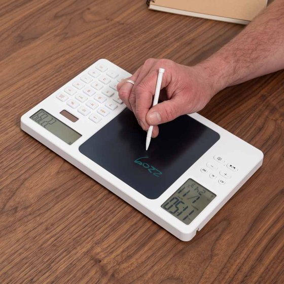 Elektronisch schrijfbord met rekenmachine en klok 