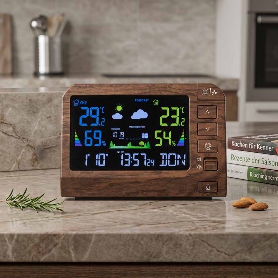 Op afstand bedienbaar tafelmodel weerstation in houtlook 
