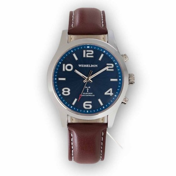 Zonne-energiehorloge met radiografische tijdsaanduiding en leren band 