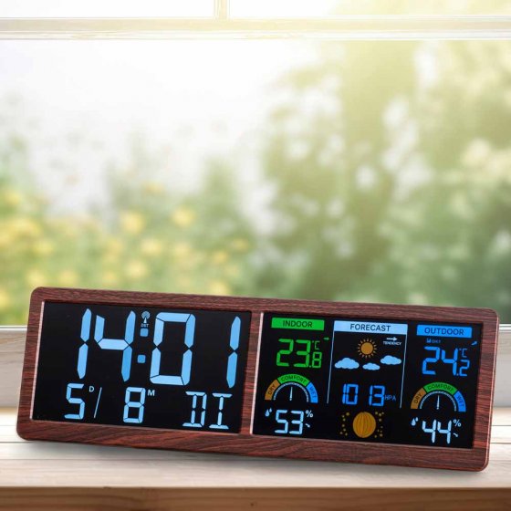 Digitale weerstation met radio-gestuurde klok "Hout" 