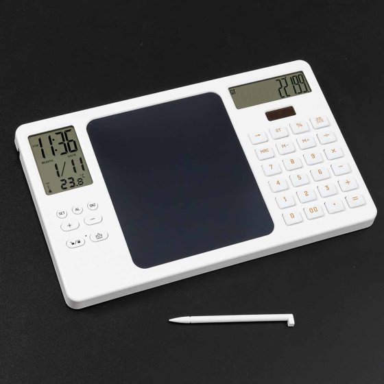 Elektronisch schrijfbord met rekenmachine en klok 
