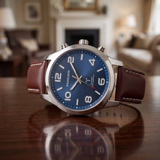 Zonne-energiehorloge met radiografische tijdsaanduiding en leren band 